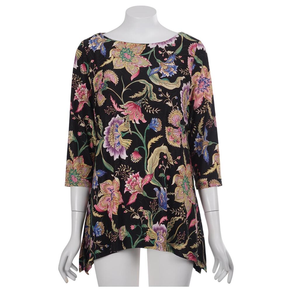 JM Collection Top PM Black Floral Print Boat Neck 3/4 Sleeve Stretch Tunic